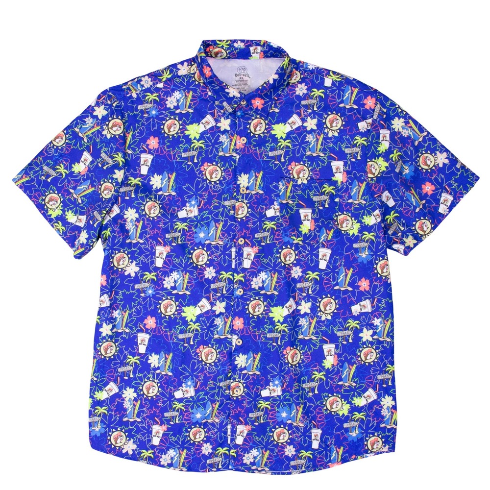Buc-ees Mens XL Blue Hawaiian Shirt Beaver Surfboard Drink Tropical Button Down